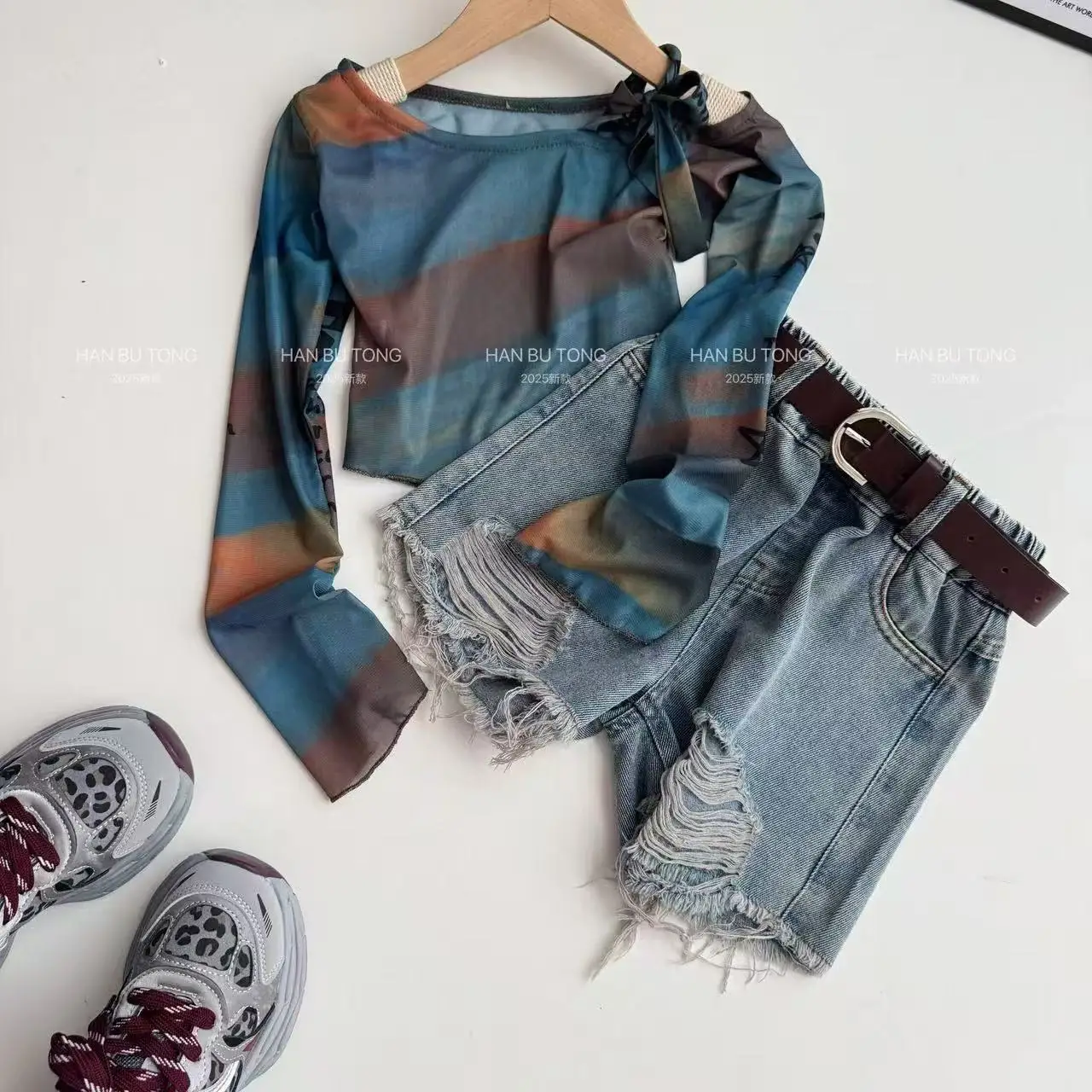 

Kids Girl's New Middle and Large Children's Long-sleeved T-shirt Bottoming Shirt Denim Holes Shorts Casual Shorts 120-170cm