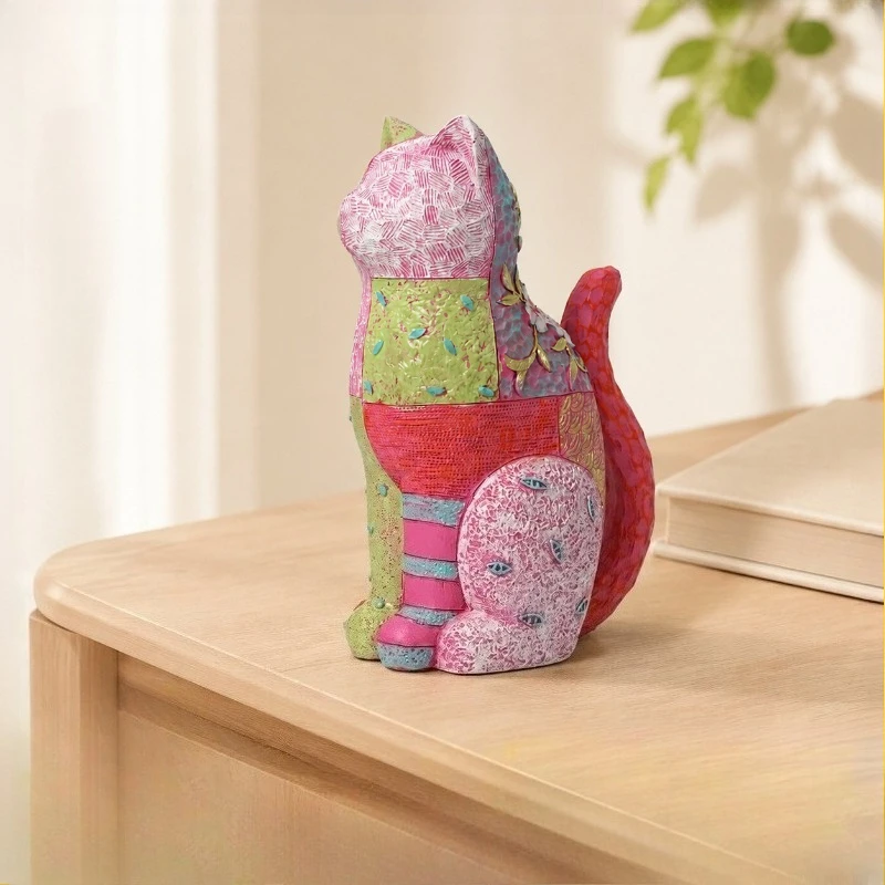 Painted patchwork art sitting cat ornament,colored relief cat statue,living room art decorations home accessories,Christmas gift