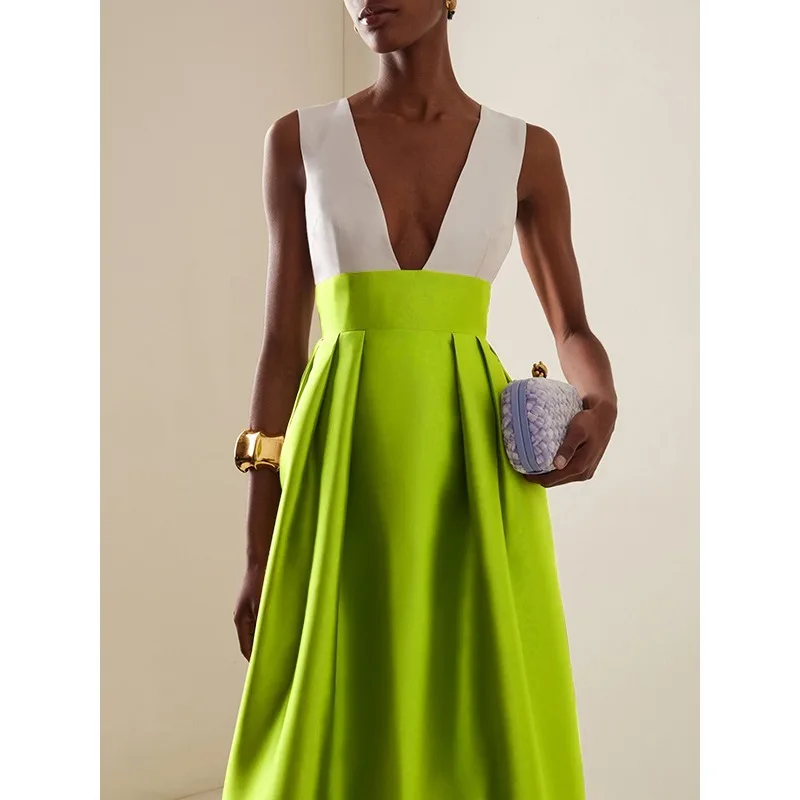 Luksusowe satynowe suknie wieczorowe dla kobiet 2025, linia A, plisowane, bez rękawów, głęboki dekolt w serek, elegancka sukienka na przyjęcie, długie sukienki 178731