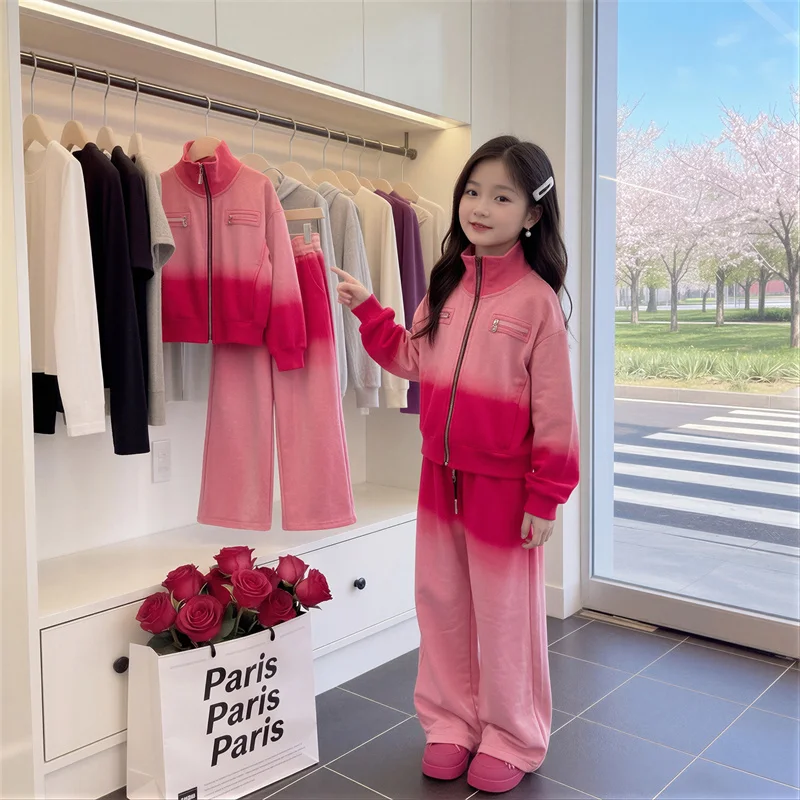 Teen Girls Clothing Sets Fashion Dip Dyeing Jackets+Sweatpants Sports Outfits High Quality Child Gradient Tracksuits Spring Fall