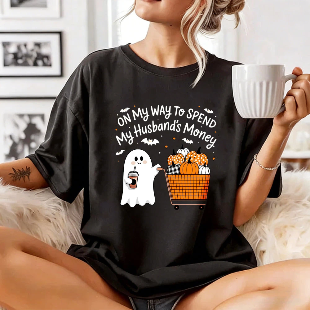 Shopping Ghost Wife Joke Unisex Tee Casual Cotton Tops Funny Spouse Humor Halloween Streetwear Pumpkin Cart Cute Ghost Tshirt