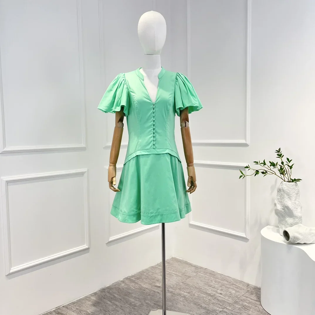 Ladies' 2024 New Spring Summer Top Quality Mint Green Short Lantern Sleeve V-neck Patchwork Above Knee Mini Dresses