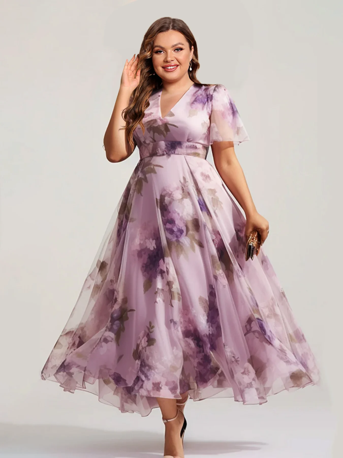 

Summer Purple Organza Floral Print Long Dress Women Sexy V Neck Short Sleeve Elegant Wedding Guest Maix Dress Vestido Plus Size