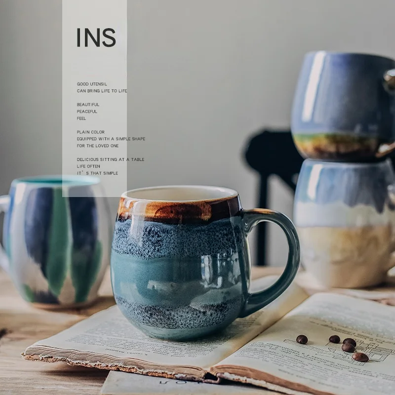 

Large Capacity Drinking Cup Household Personalized Coffee Tea with Lid Spoon Retro Ceramic Mug