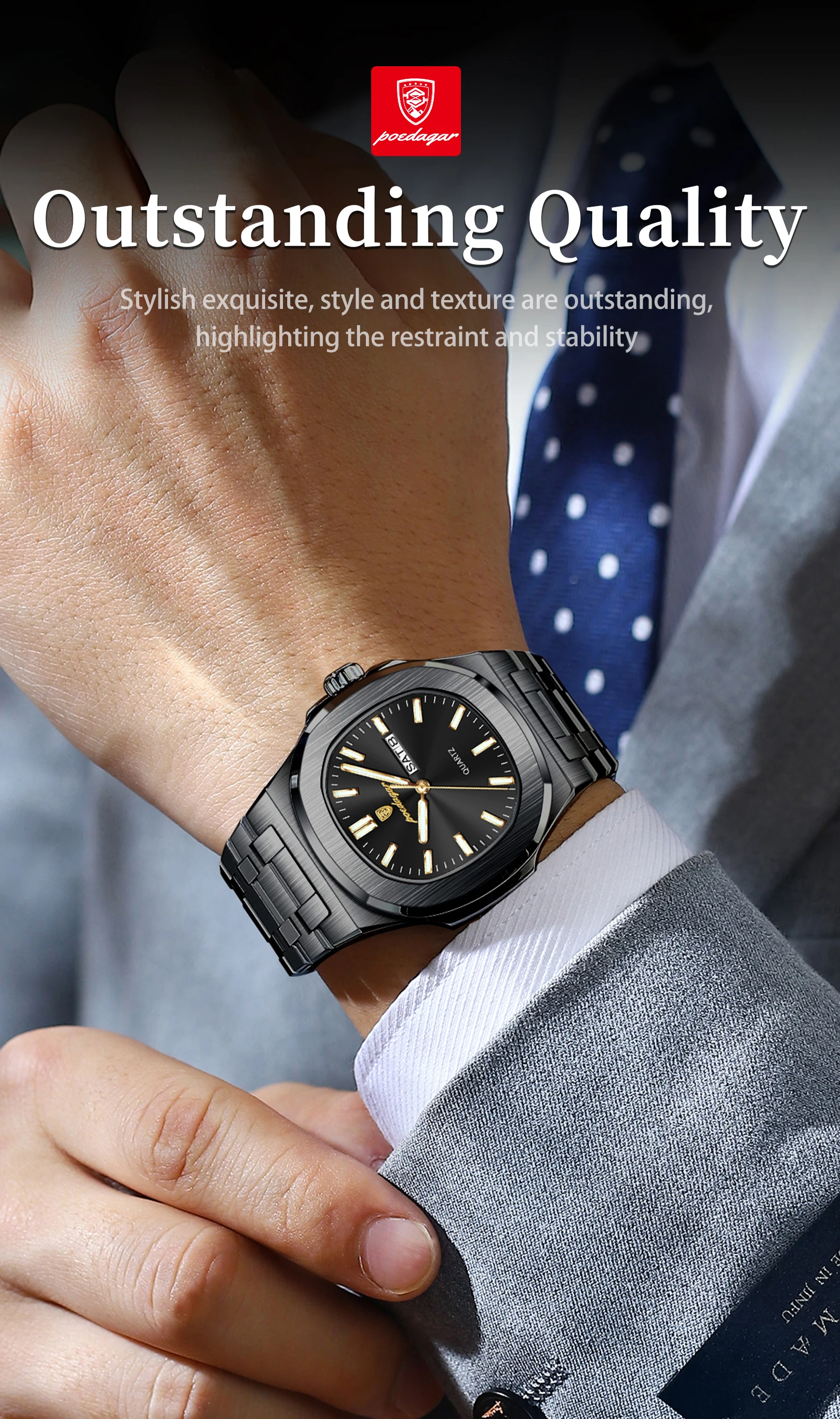 POEDAGAR Luxus Platz herren Uhren Wasserdicht Leucht Datum Woche Männer Uhr Edelstahl Mode Quarz Mann Armbanduhr Reloj – Detail 3