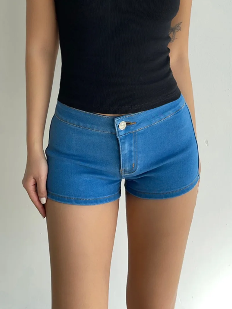 American Style Spicy Girl Low Waisted Denim Shorts Women's 2024 Summer New Tight Fitting High Elastic Slim Wrap Hip Shorts N8E5