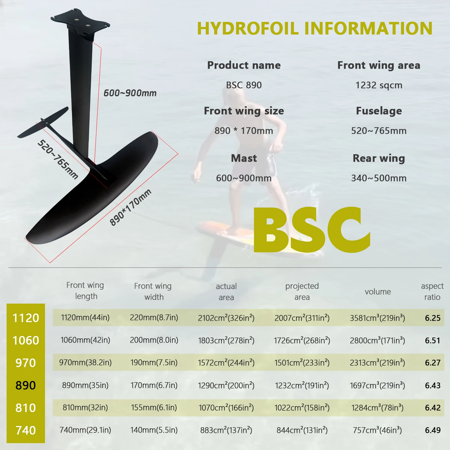 Customizable logoGY-BSC890 Carbon Fiber Hydrofoil Sailboard Set 1232 Sq Cm for Water Sports Surfing And Kite Surfing Equipment