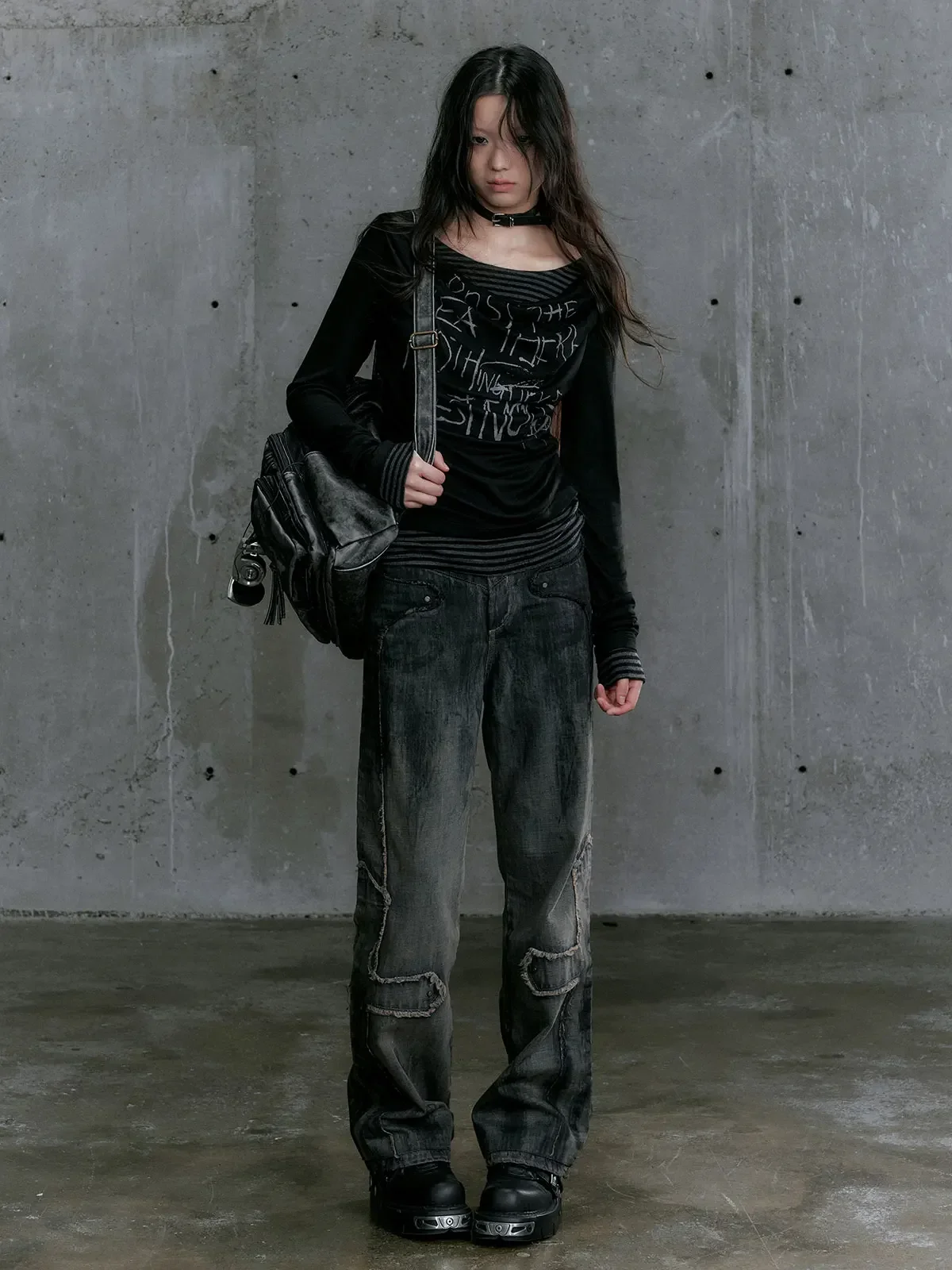IMU CestNous Original Design Retro Washed Denim Pants Women Cross Patch Gothic Punk Black Straight Long Jeans Trousers