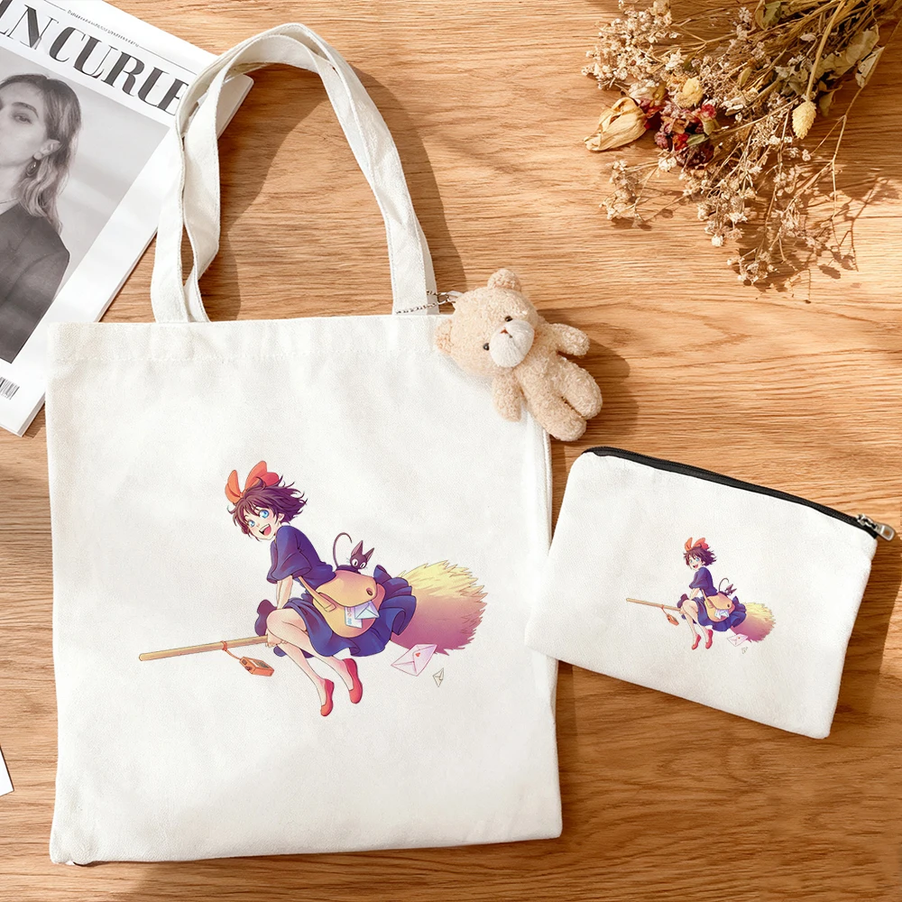 3pcs/set Large Capacity Kiki's Delivery Service Kiki Canvas Tote Bag Kawaii Anime Girl Gift Eco Cotton Reusable Shopping Bag view 5
