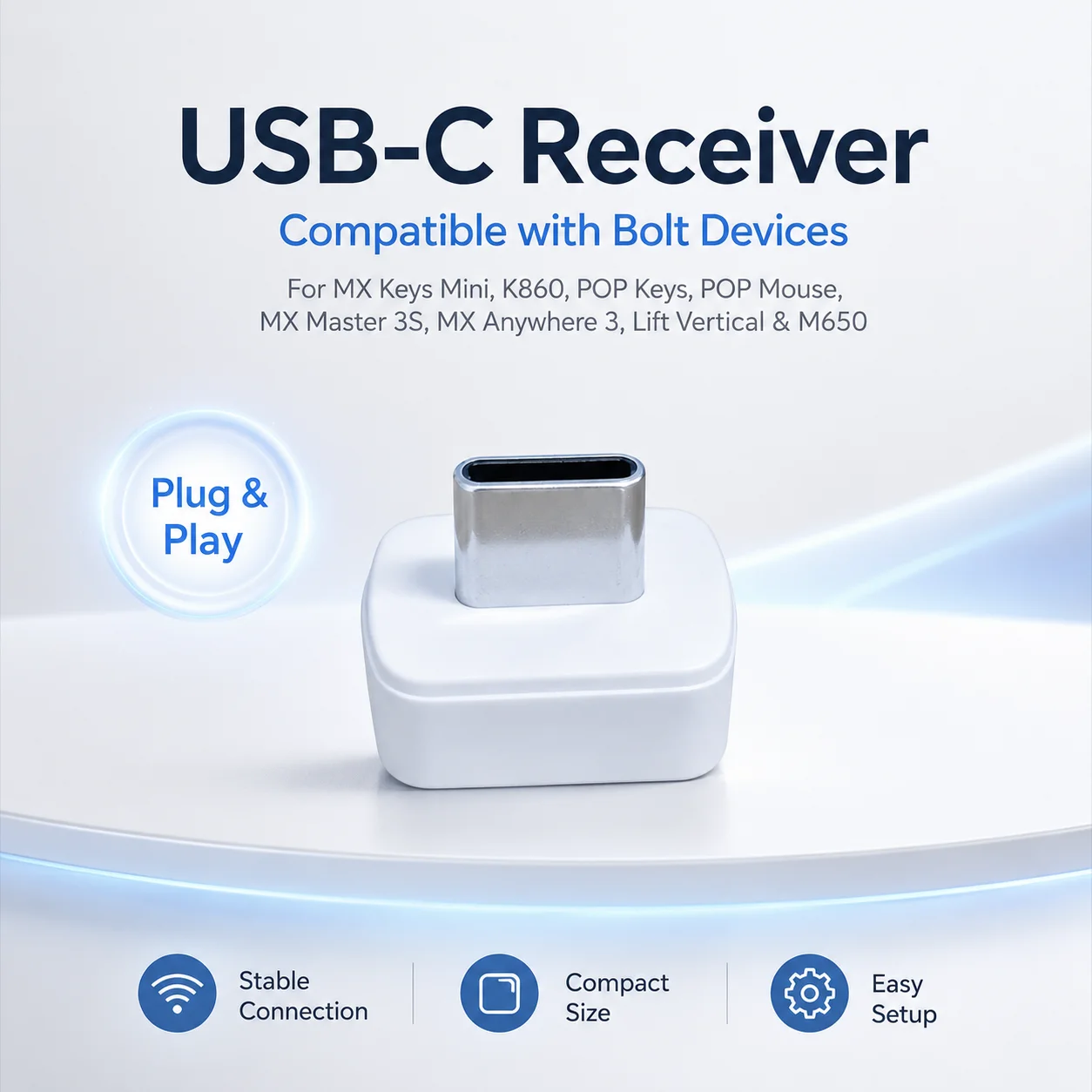 USB-C Wireless Receiver Adapter Compatible with Bolt MX Keys Mini K860 POP Keys Mouse MX Master 3S MX Anywhere 3 Lift Vertical