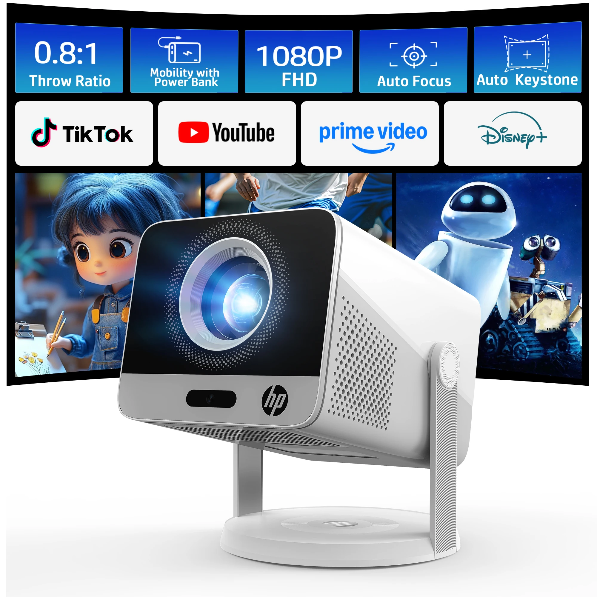 

HP MC425 Projector Portable Full HD 1080P Short Throw Auto Focus USB-C Powered Smart OS Home Theater Cinema for Streaming Apps