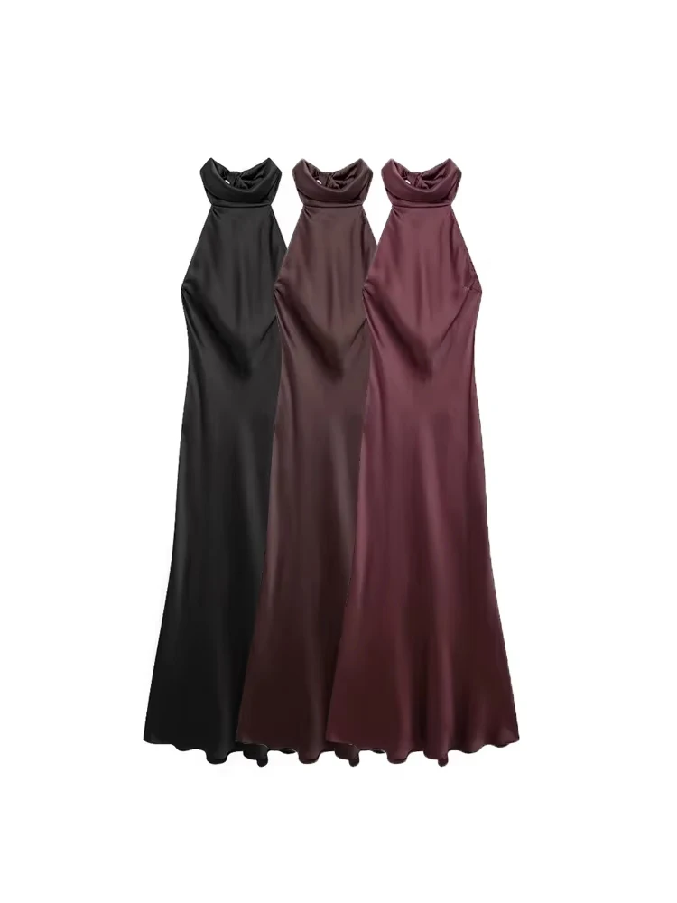 Langes Neckholder-Kleid aus Satin für Damen, rückenfrei, mit Schleife, Reißverschluss hinten, Damenkleider, sexy Mode