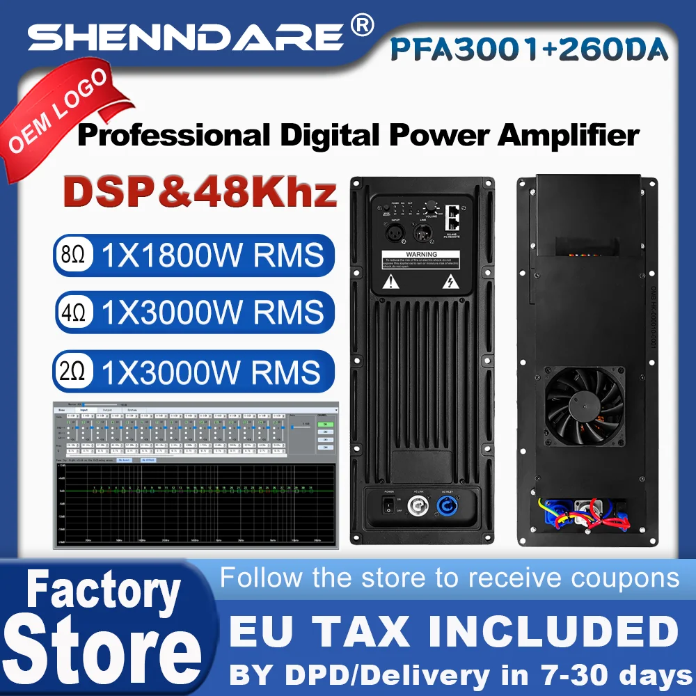 

ShennDare PFA3001+CQ260DA Профессиональный DSP-усилитель мощности, модуль 1x1800 Вт, 8 Ом, активный полнодиапазонный усилитель для динамиков, плата усилителя сабвуфера для DJ, 1x3000 Вт, 4 Ом