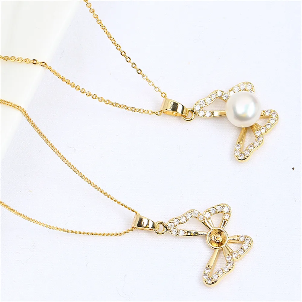 Domestically Produced 14k Gold Plated Butterfly Pearl Zircon Necklace Pendant with Gold Injection Color Retention DIY Accessorie