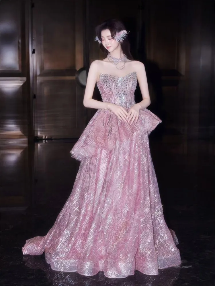Strapless pink sweet student coming-of-age ceremony light luxury toasting dress
