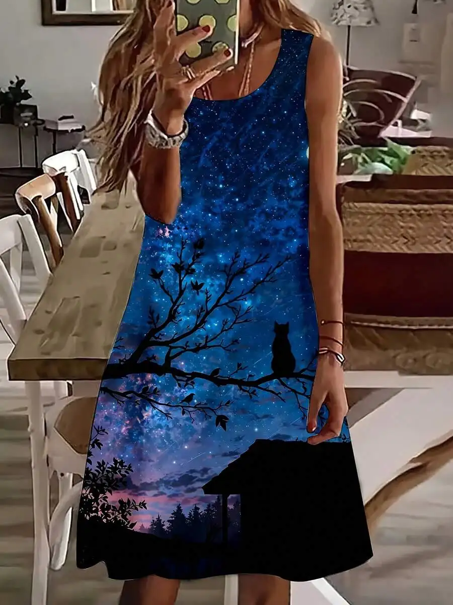 

Women Sleeveless Night Sky Cat Tree Print Summer Casual Dress
