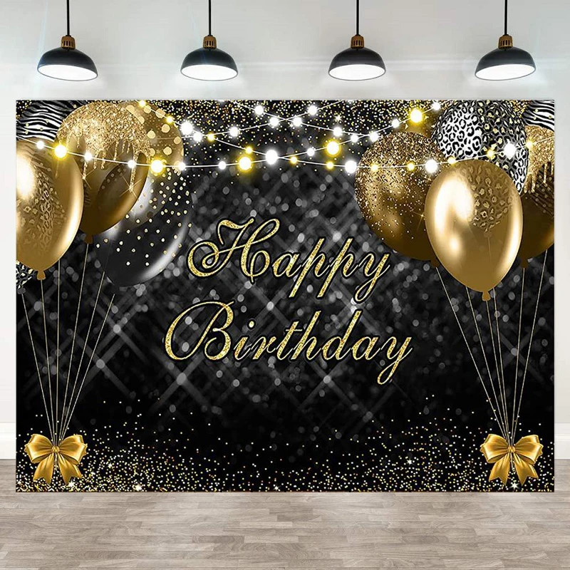 Black And Gold Birthday Photography Backdrop For Adult Bday Party Decoration Black Golden Glitter Dots Light Balloons Background