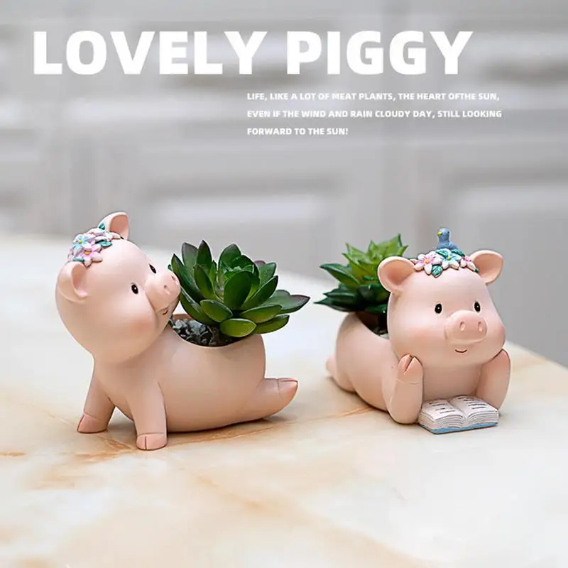 Cute Animal Pig Shaped Mini Flower Pot Resin Succulent Planter Ornament for Cartoon Cactus Air Plant Desk Home Office Decor