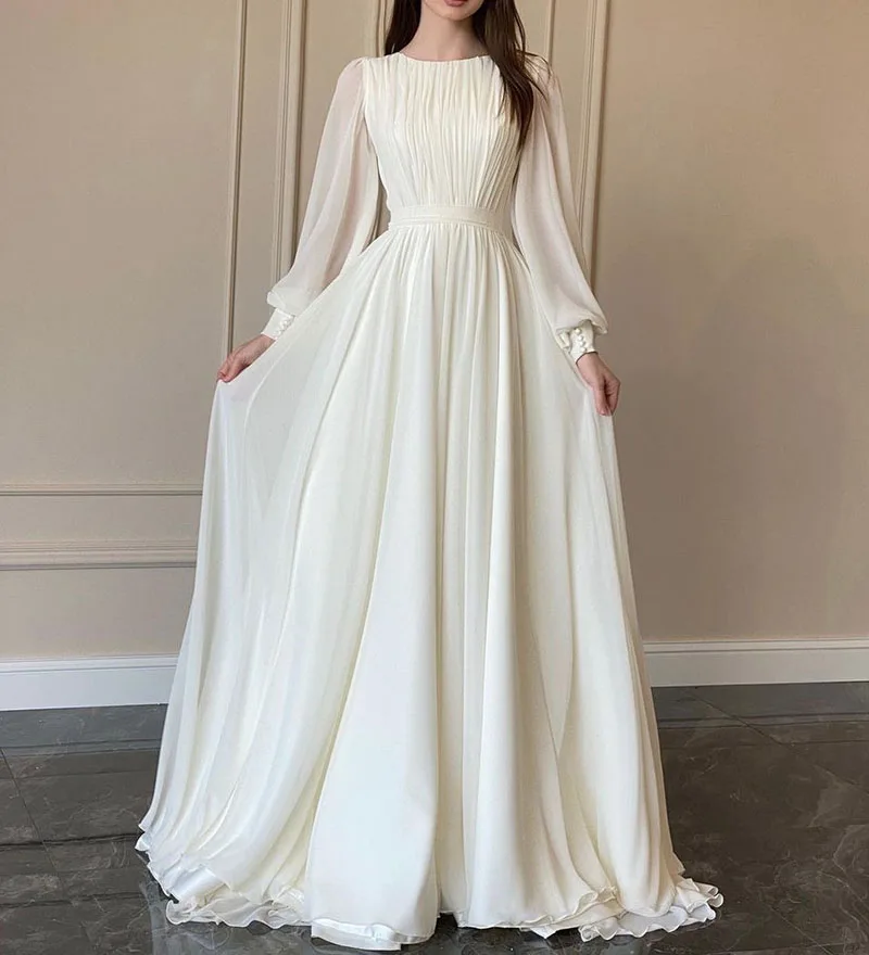 

Elegant Women's White Long Sleeve Dress Spring Autumn Vintage Retro Sexy o Neck Princess Evening Party Maxi Dresses Female