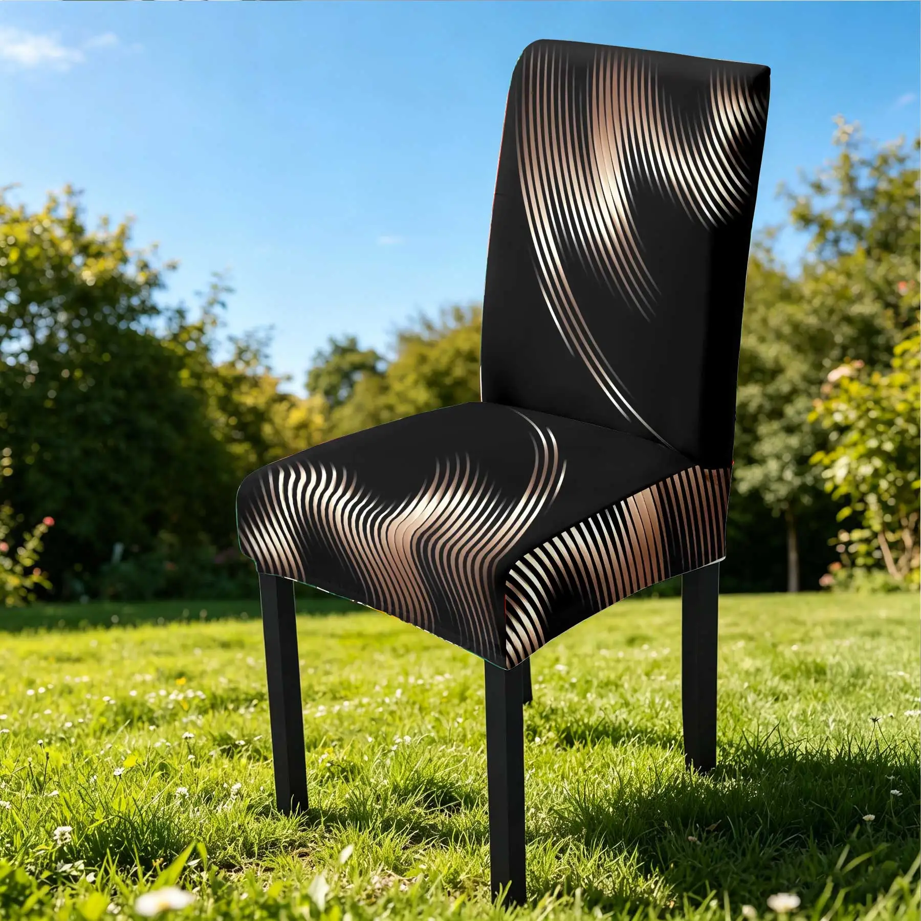 2026 Summer Outdoor Elastic Chair Cover, Black with Bronze Wave Pattern, Stretchable Full Coverage, Washable