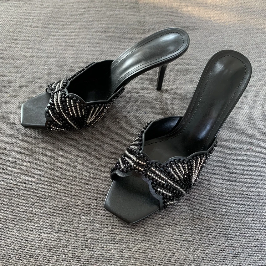 Damen Perlenbesetzte Sandalen mit eckiger Zehenpartie und hohem Absatz, offene Stiletto-Absätze, 2026 Party- und Hochzeitsschuhe, Damen-Sommer-Mules – Detail 9