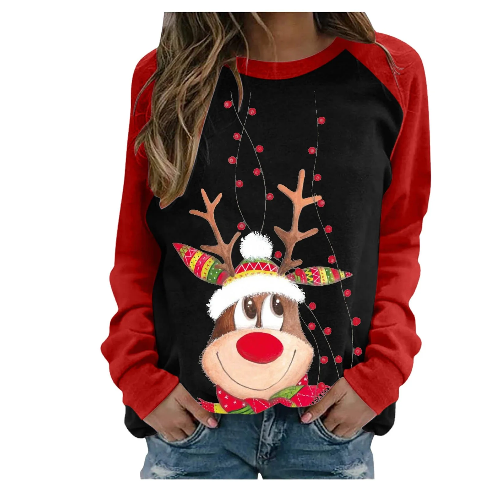 Autumn Winter Women\'s Pullover Christmas Print Color Blocking Long-sleeved T-shirt Shirt Top 2023