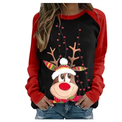 Autumn Winter Women's Pullover Christmas Print Color Blocking Long-sleeved T-shirt Shirt Top 2023