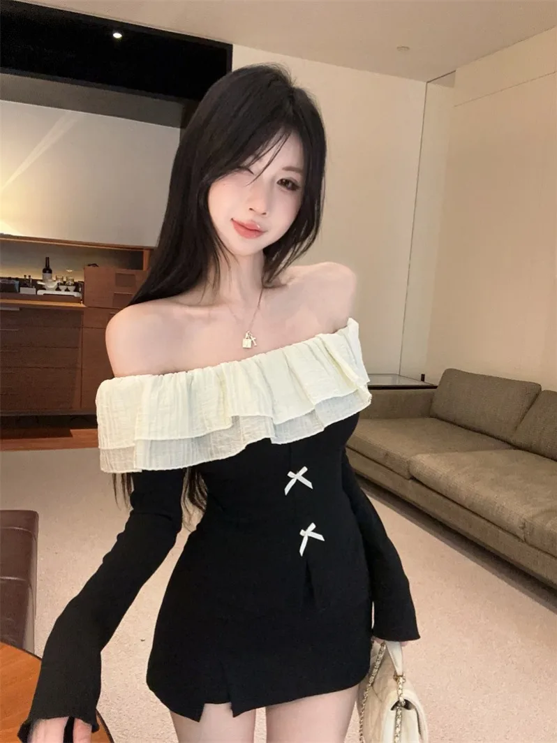 

Нежная футболка с длинным рукавом и одним открытым плечом для женщин, весна-лето, приталенная, с оборками по низу, базовая, из смесового хлопка