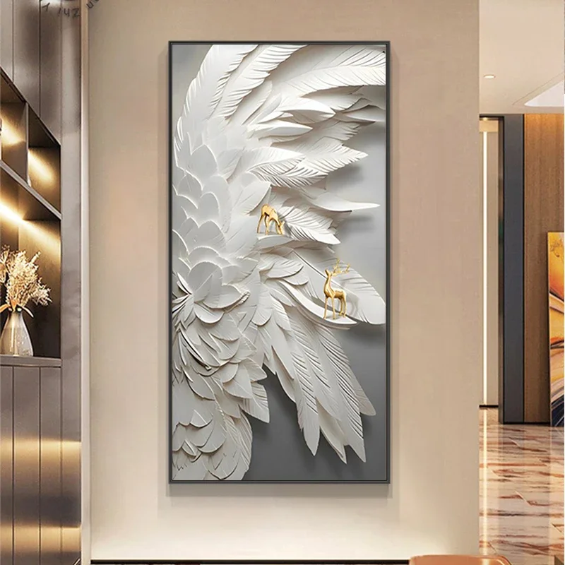 Porch Entrance Living Room Wall Decoration Painting Feather Fortune Deer Hanging Paintings Foyer Remote Dimming LED Mural Lights