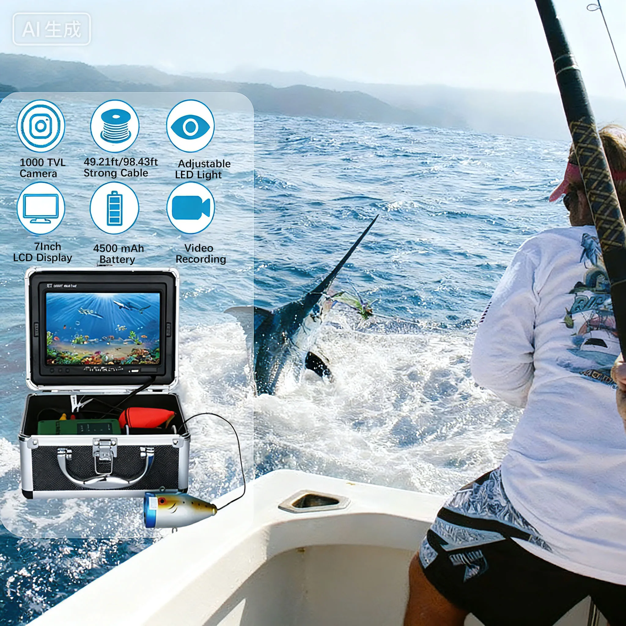 

Underwater Fishing Camera - 5000mAh Rechargeable Battery,1000TVL HD Video,12 Infrared LEDs Night Vision for Ice/Boat/Fishing