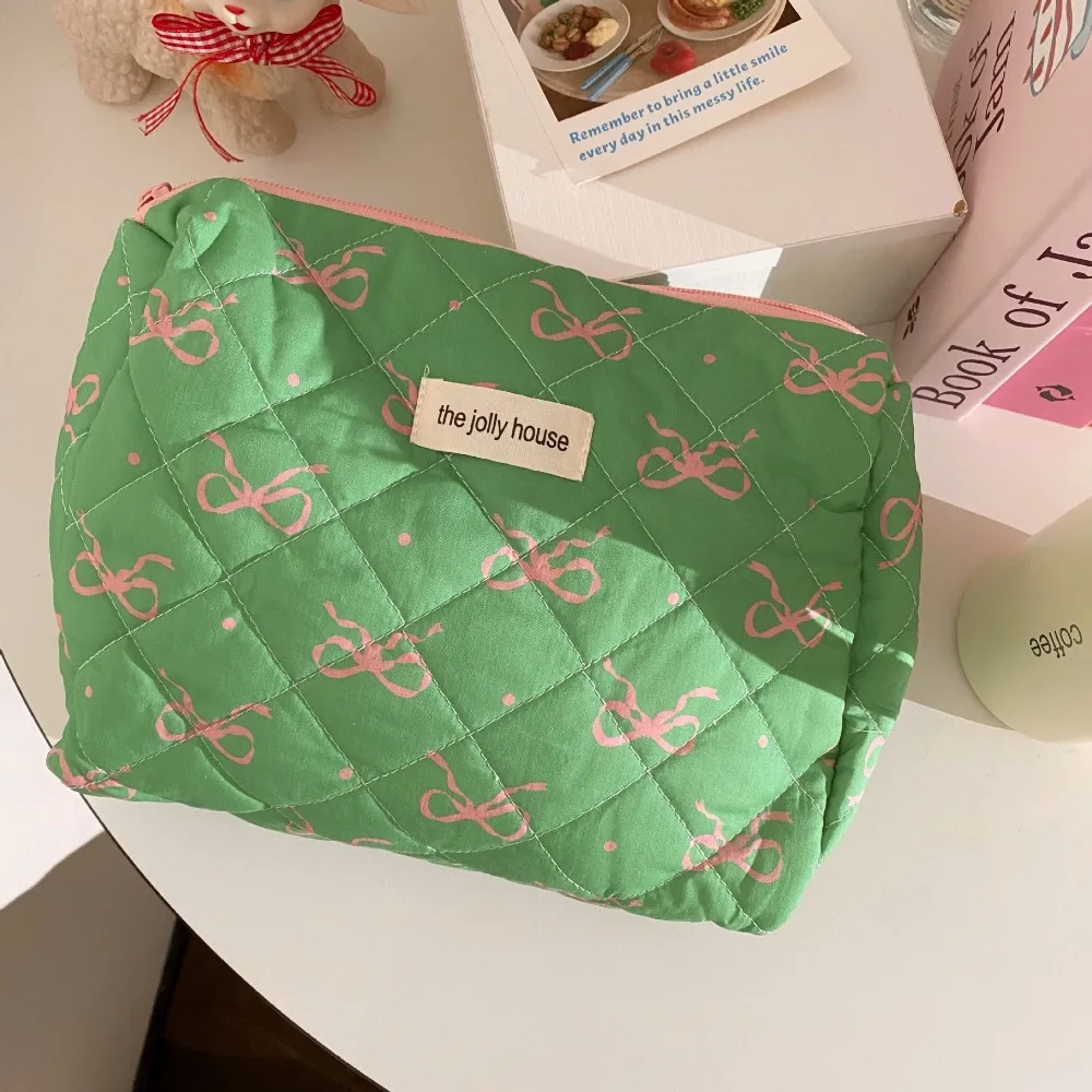 Ins Bowknot حقيبة مستحضرات تجميل مبطنة متعددة الوظائف سعة كبيرة حقيبة تخزين مستحضرات التجميل لينة المحمولة القرطاسية حقيبة التخزين السفر #4