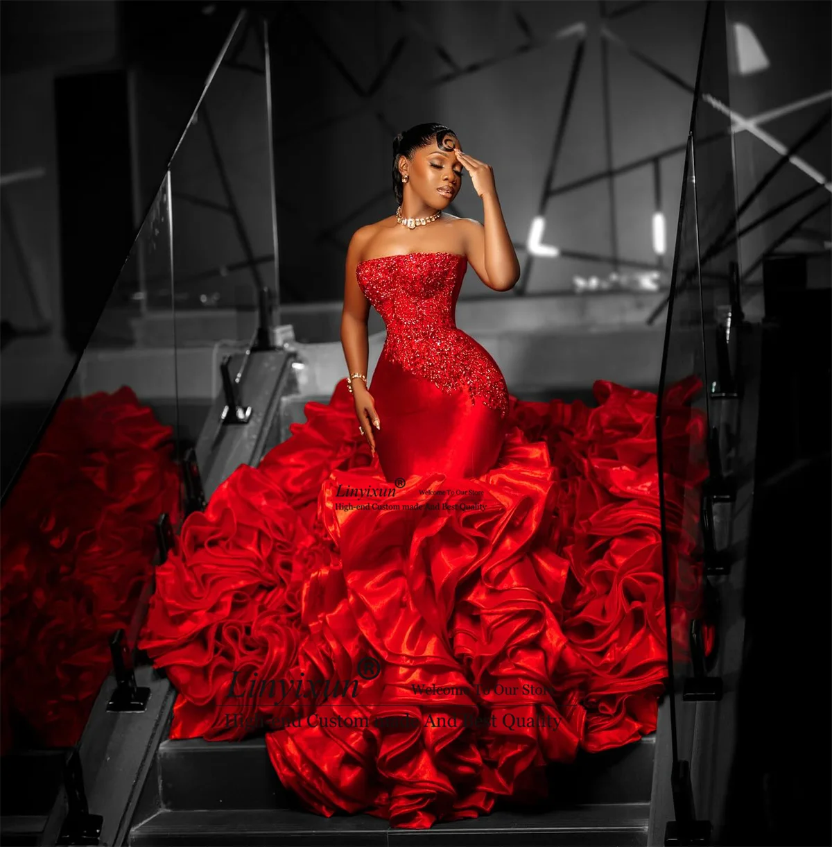 Aso Ebi Sequins Beaded Mermaid Prom Dress Formal African Ruffles Robe De Soiree Customized Sleeveless Long Evening Party Gown image 2