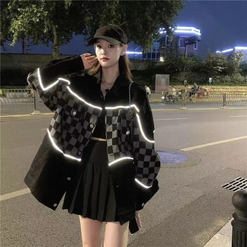 سترة نسائية كلاسيكية من قماش الدنيم ذات مربعات على طراز الشارع على طراز الهيب هوب بتصميم عصري وفريد من نوعه ملابس غير رسمية للربيع/الخريف #3