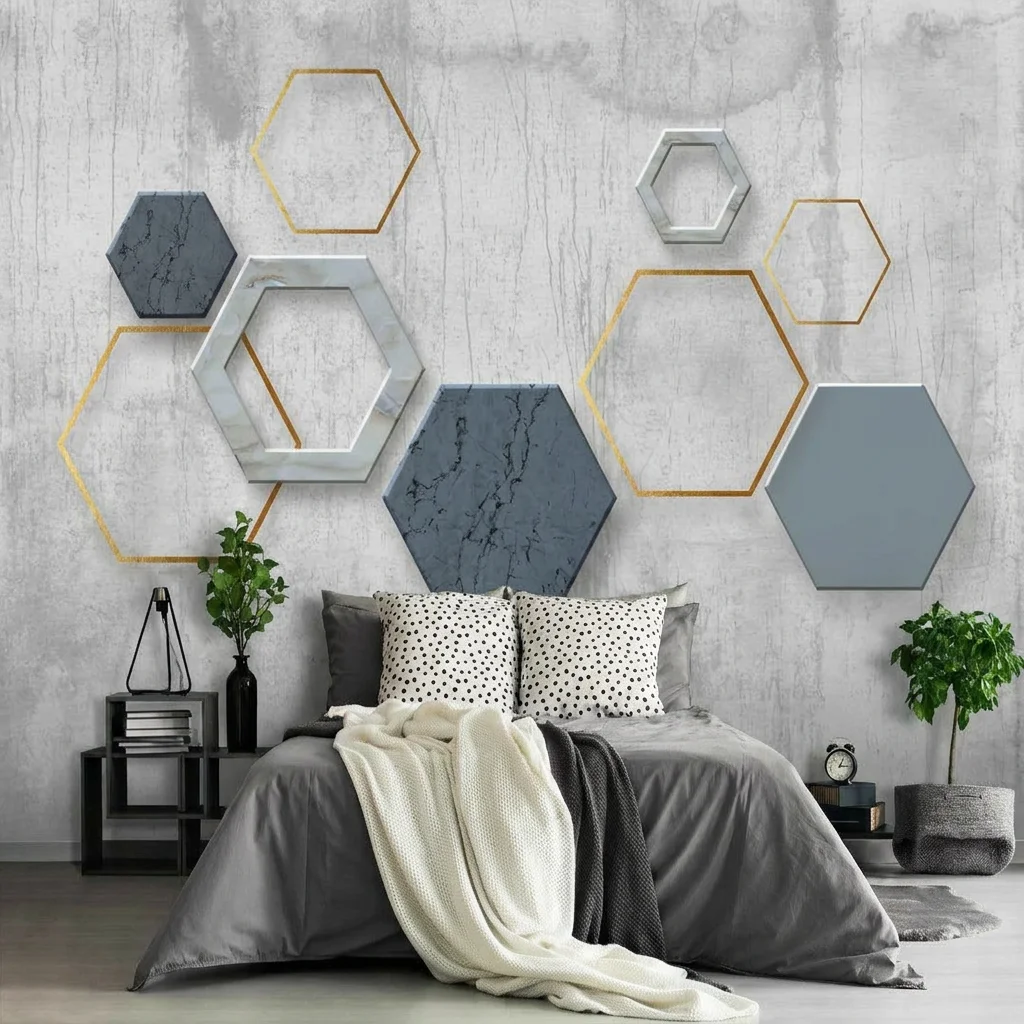 Self-adhesive material featuring geometric hexagons, marble texture, and metal lines, perfect for bedroom background wall.