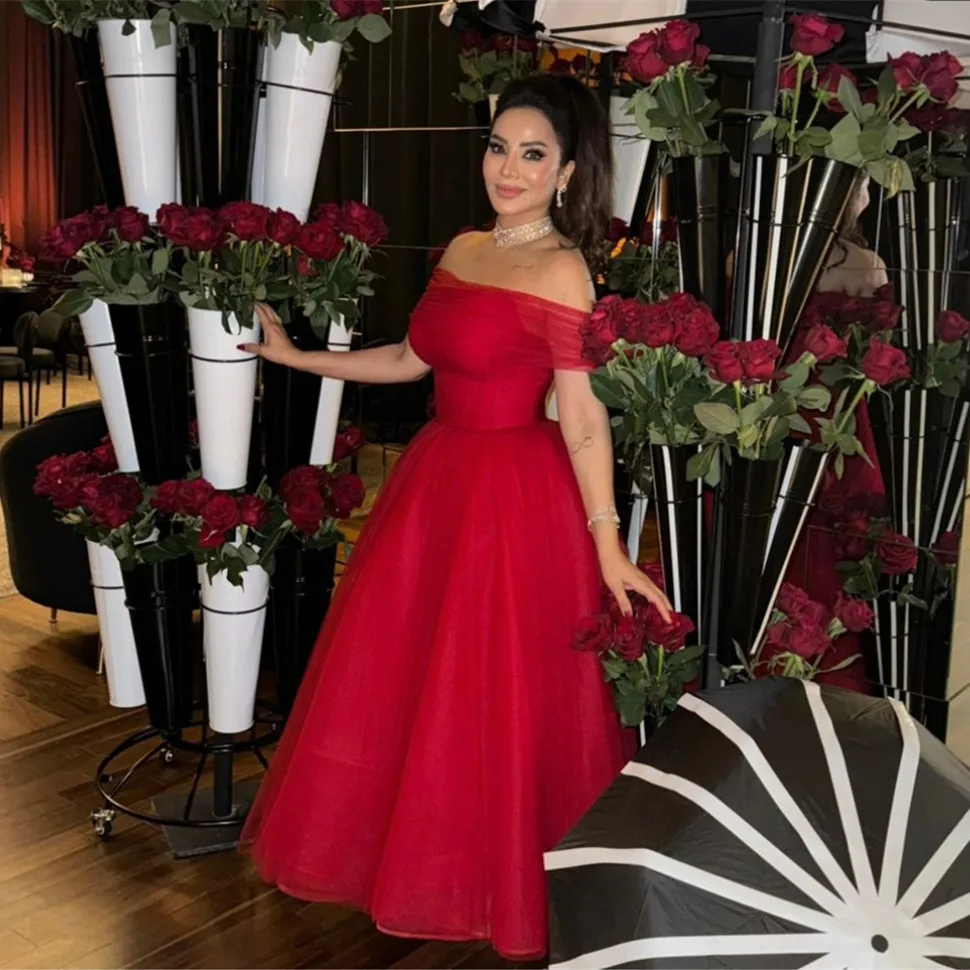 

Customized Short Red Tulle Evening Dresses A-Line Off Shoulder Pleated فساتين السهرة Ankle Length Prom Dresses for Women