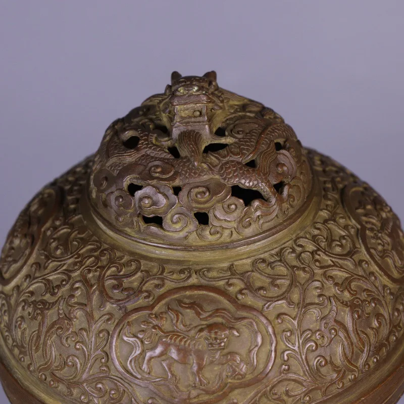 Su Gong Lion-Embossed Dragon-Shape Knob Incense Burner, High-Stemmed Copper Incense Burner for Home Living Room, Indoor Fragranc