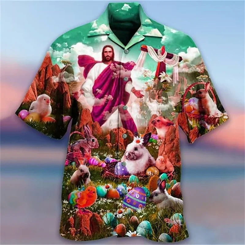 Jesus Christ Animal Shirts For Men Hawaiian 3d Printed Pattern Christians Mary Crucified Breathable Beach Casual Short Sleeved