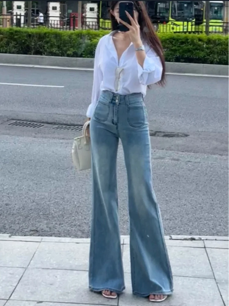 New Fashion Simple Basic Women Jeans Street Casual High Waist Woman Jeans Loose Blue Slim Flared Pants Female Chicly