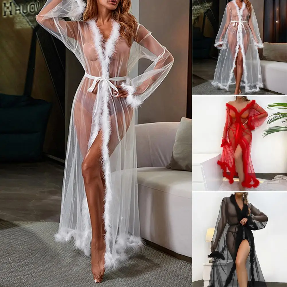 

V Neckline Nightdress Lace-up Nightgown for Women Transparent Mesh Fluffy Hair Sleeves Honeymoon Wedding Nightdress for Pajama