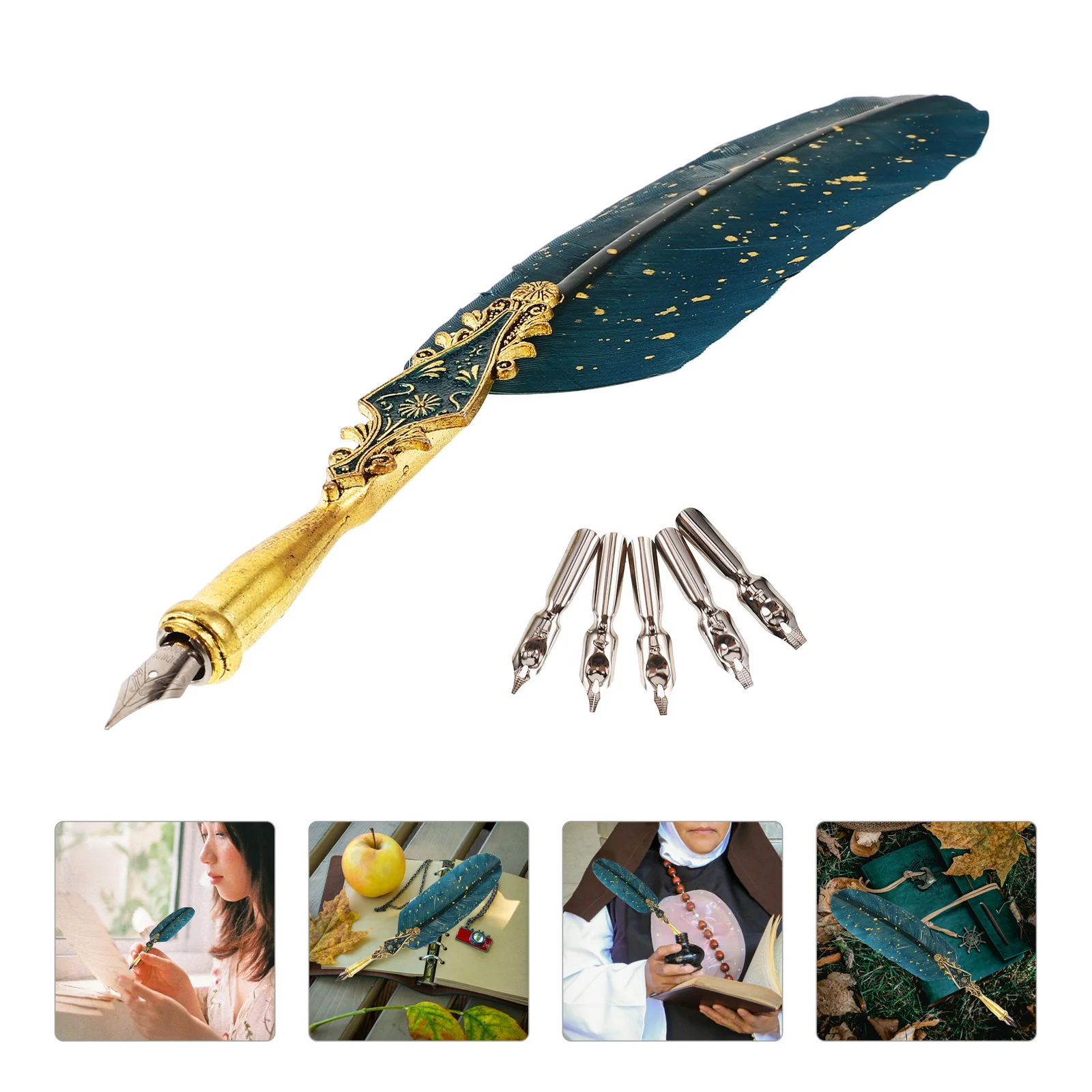 

6 Piece Quill Pen Set Vintage Design Retro Writing Portable Fountain Black Pens Replacement Tips Smooth Ink Calligraphy