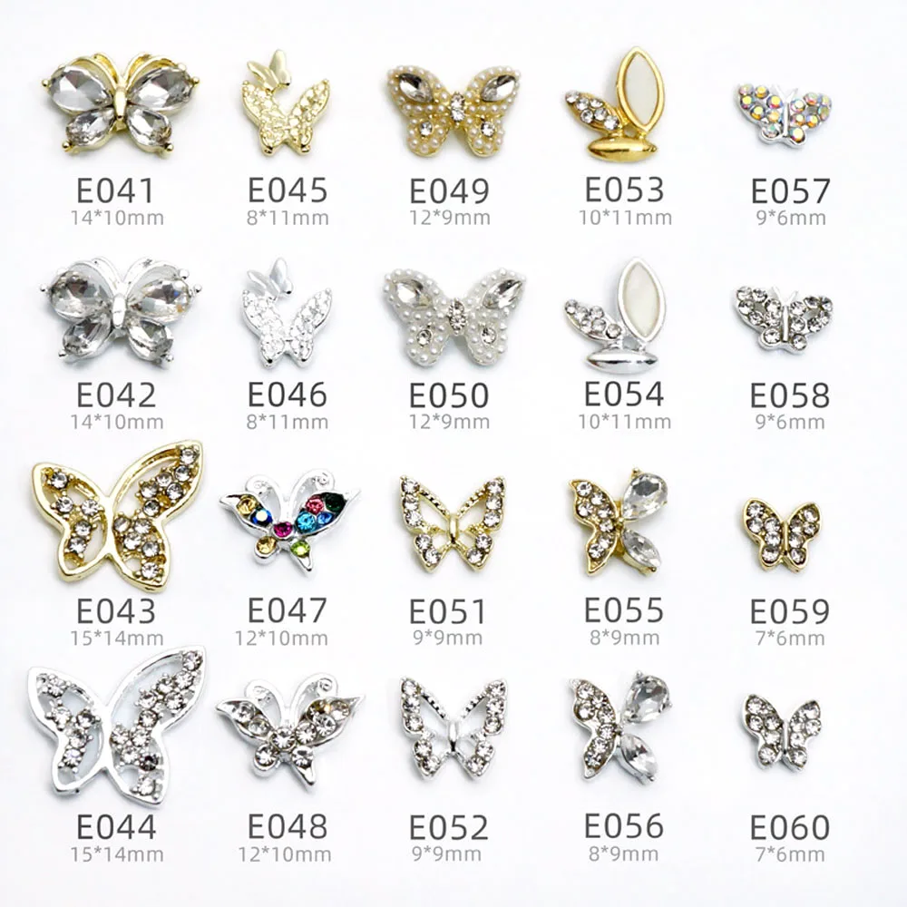

10Pcs Alloy Shiny Butterfly Nail Charms Diamond Gold/Silver Jewelry Rhinestone Nail Art Decoration Accessories Bulk Nail Parts