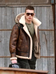 New Arrival Men's Winter Pilot Coat Genuine Leather Sheepskin Shearling Jacket for Motorcyclist Vintage Brown with Real Fur Hood