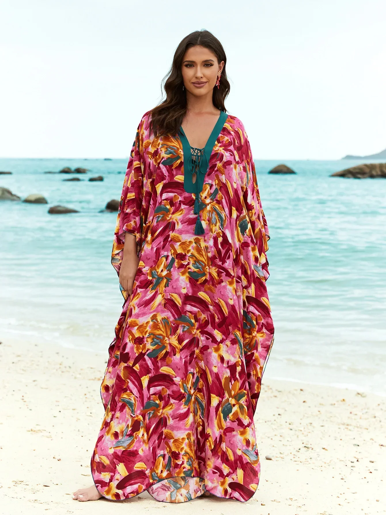 Beach Dresses Floral Printed Maxi Robe V Neck Tie Up Cover Ups for Swimwear Women Holiday Bathing Suits Factory Supply