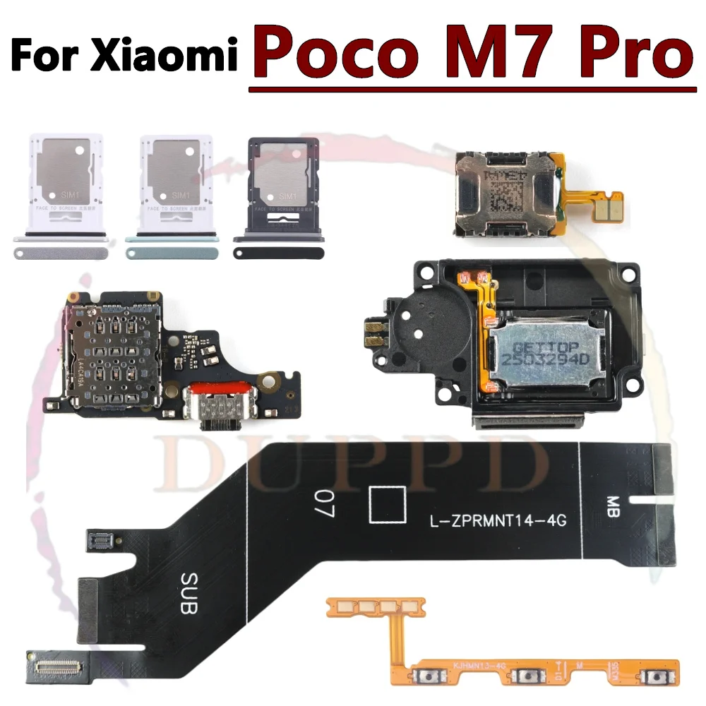 Earpiece Speaker LoudSpeaker Charging Port Board SIM Card Tray For Xiaomi Poco M7 Pro Power Volume Motherboard Main Flex Cable