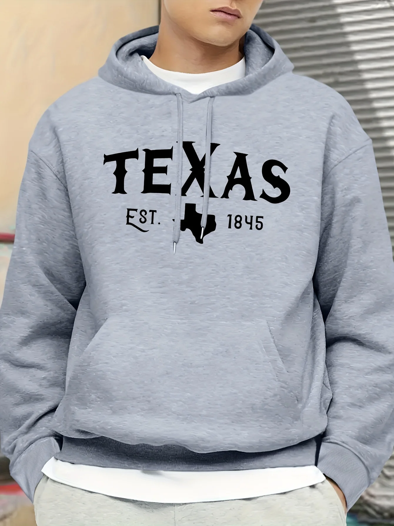 Men's New Texas Style  Letter Print Casual Sweatshirt, Fashionable Drawstring Hoodie, Autumn/Winter Top, Comfortable and Versatile Long-Sleeve Hooded Sweatshirt