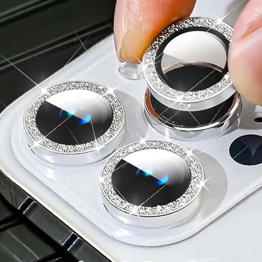 Glitter Camera Lens Protector For iPhone 15 Pro Max 14 11 12 13 Mini 9H Tempered Glass Screen Protector Cover Film Metal Ring