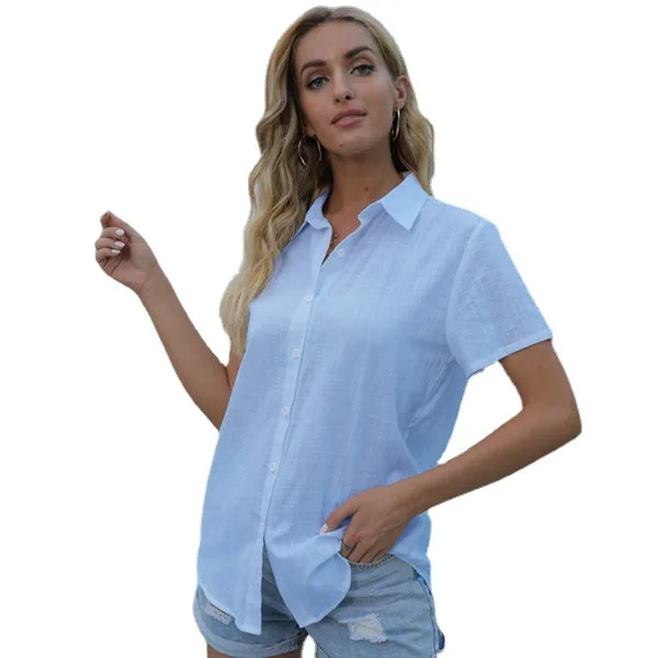 Camisa de lino de algodón de manga corta holgada informal de Color sólido para mujer camisas con botones de un solo pecho blusa Top