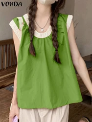 VONDA Summer Tees Tops Women Vintage Tank Tops 2024 Casual Solid Color Blouse Oversized Sleeveless Beach O Neck Camis Tanks