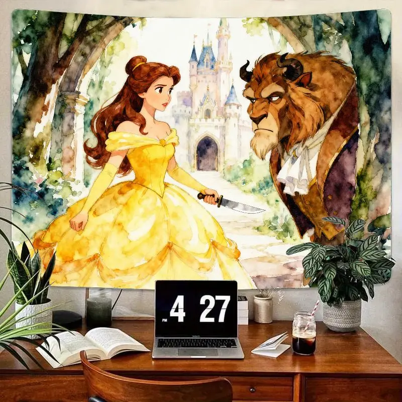

1 шт. темный фэнтезийный гобелен «Красавица и чудовище», акварель Белль с ножом, настенное искусство, современный декор для спальни в общежитии, гостиной, подарок для