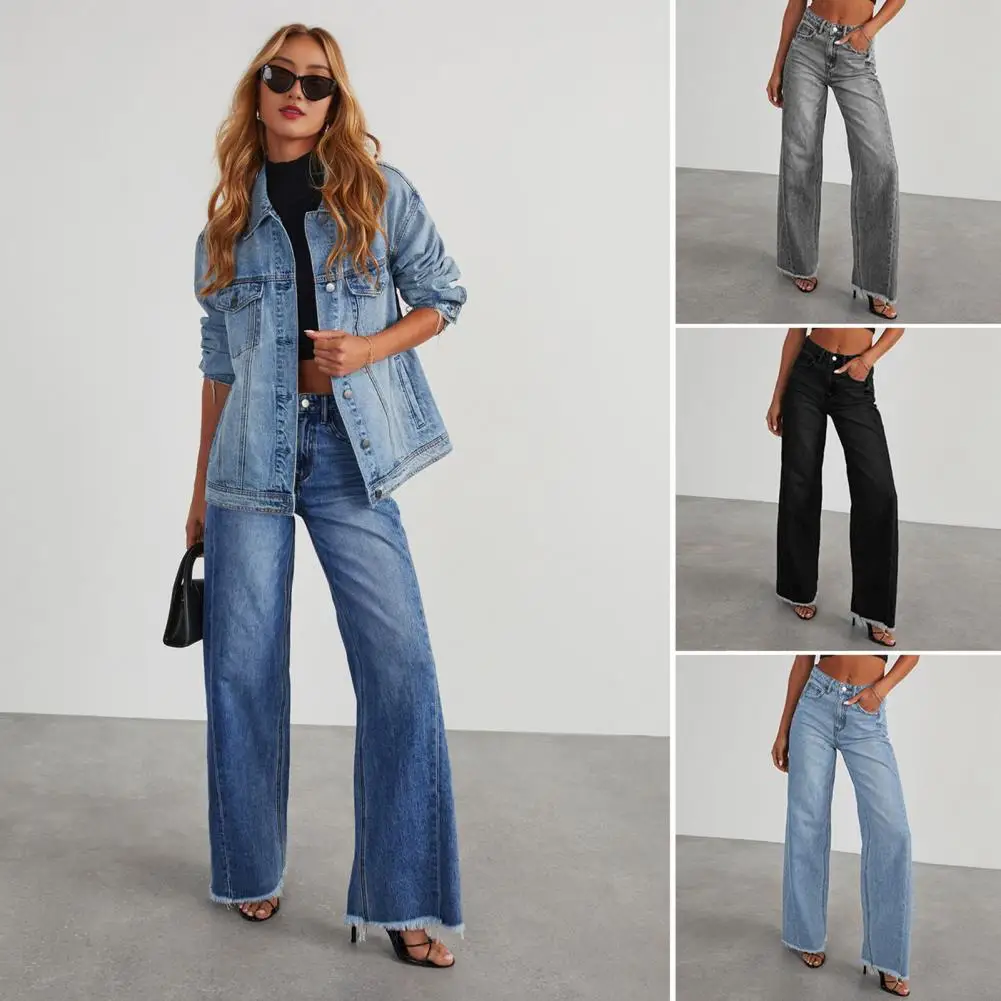 ملابس نسائية جديدة لربيع وصيف بلون سادة فضفاضة وواسعة الساق وخياطة جانبية جينز بحاشية متوترة